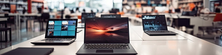 a series of laptops on a desk with a blurred office background